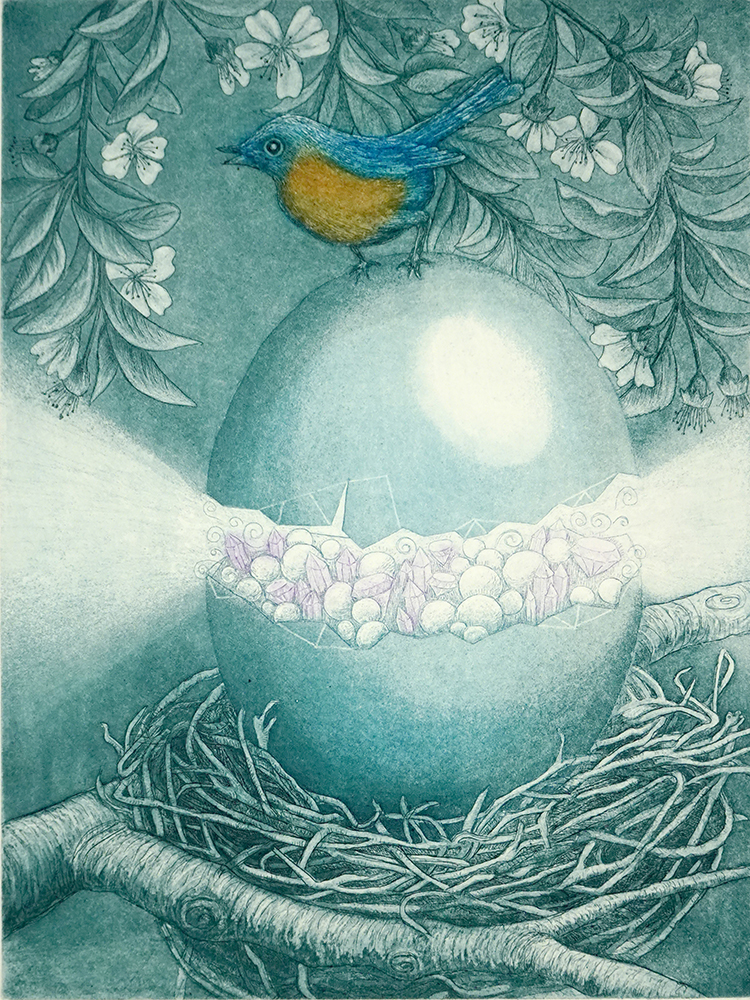Bluebird was Thrilled with Her Results by Caren Catterall, printmaker