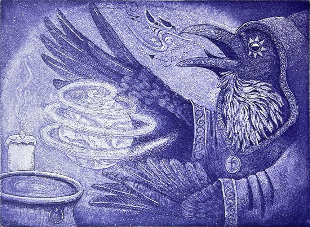 Raven Conjures a New World etching by Caren Catterall